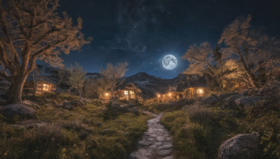 outdoors, sky, tree, no humans, night, moon, grass, building, star (sky), night sky, scenery, full moon, starry sky, rock, mountain, road, house, path