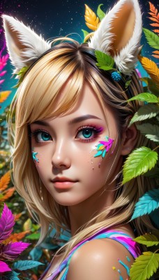 1girl,solo,long hair,looking at viewer,smile,bangs,blue eyes,blonde hair,hair ornament,animal ears,bare shoulders,jewelry,closed mouth,upper body,flower,sky,artist name,from side,aqua eyes,lips,animal ear fluff,fox ears,eyelashes,makeup,swept bangs,leaf,facial mark,plant,lipstick,portrait,star (sky),extra ears,eyeshadow,freckles,pink lips,nose,eyeliner,facepaint,mascara,paint splatter,hair flower