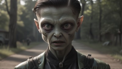 solo,looking at viewer,shirt,black hair,1boy,closed mouth,jacket,male focus,outdoors,teeth,pointy ears,blurry,black eyes,tree,depth of field,blurry background,colored skin,portrait,nature,forest,zipper,realistic,zombie,horror (theme),green eyes,upper body,parted lips,day,lips