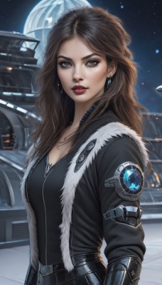 1girl,solo,long hair,breasts,looking at viewer,brown hair,cleavage,brown eyes,jewelry,medium breasts,jacket,upper body,earrings,sky,belt,lips,black jacket,fur trim,makeup,night,wavy hair,moon,lipstick,star (sky),night sky,eyeshadow,starry sky,science fiction,realistic,nose,red lips,space,leather,planet,leather jacket,spacecraft,outdoors,open clothes,necklace,bodysuit,emblem