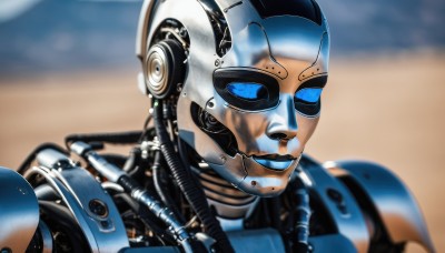 solo,smile,blue eyes,1boy,upper body,male focus,armor,blurry,depth of field,blurry background,helmet,robot,portrait,science fiction,realistic,android,cable,cyborg,power armor,closed eyes,lips,close-up,spacesuit,blue lips,humanoid robot