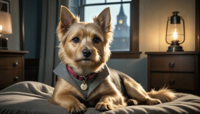 HQ,blue eyes,indoors,blurry,collar,no humans,window,bed,night,bed sheet,animal,on bed,curtains,dog,realistic,blanket,clock,lamp,animal focus,red collar,animal collar,solo,looking at viewer,brown eyes,lying