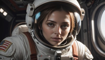 1girl,solo,looking at viewer,short hair,brown hair,brown eyes,upper body,parted lips,blurry,lips,depth of field,blurry background,helmet,portrait,freckles,reflection,realistic,nose,american flag,spacesuit,space helmet,astronaut,closed mouth,close-up,forehead,science fiction,space,dirty,spacecraft,japanese flag,american flag print