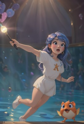 1girl,long hair,blush,open mouth,bangs,blue eyes,shirt,holding,jewelry,blue hair,standing,full body,white shirt,short sleeves,earrings,shoes,shorts,teeth,solo focus,tongue,indoors,lips,short shorts,blurry background,upper teeth only,white footwear,outstretched arm,t-shirt,sneakers,child,running,hoop earrings,white shorts,wand,female child,balloon,holding wand,crowd,stage,solo,smile,water