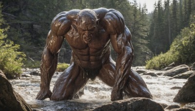 solo,1boy,male focus,outdoors,teeth,day,pointy ears,water,tree,no humans,kneeling,muscular,colored skin,abs,sunlight,muscular male,nature,forest,veins,monster,rock,realistic,alien,open mouth,full body,nude,facial hair,all fours,giant