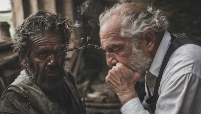 shirt,black hair,long sleeves,white shirt,upper body,white hair,male focus,multiple boys,collared shirt,dark skin,2boys,blurry,looking at another,vest,blurry background,facial hair,scar,dark-skinned male,beard,black vest,realistic,mustache,bald,manly,old,old man,smile,short hair,sitting,closed mouth,closed eyes,grey hair,indoors,from side,lips,depth of field,thick eyebrows,scar on face,smoke,curly hair,scar across eye,smoking,hand on own chin,brown vest,thinking,wrinkled skin