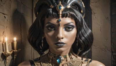 1girl,solo,looking at viewer,short hair,bangs,black hair,hair ornament,bare shoulders,brown eyes,jewelry,earrings,parted lips,choker,dark skin,black eyes,dark-skinned female,lips,eyelashes,makeup,tiara,lipstick,gem,portrait,eyeshadow,realistic,candle,wall,straight-on,mascara,egyptian,egyptian clothes,black lips,teeth,necklace,eyeliner