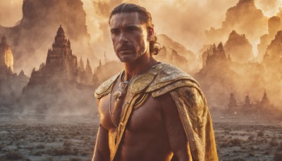 solo,brown hair,black hair,1boy,jewelry,closed mouth,nipples,upper body,male focus,outdoors,dark skin,water,necklace,cape,armor,muscular,facial hair,dark-skinned male,pectorals,muscular male,building,beard,realistic,manly,castle,looking at viewer,short hair,scar,abs,scenery,bara,scar on face,large pectorals,mature male,bare pectorals