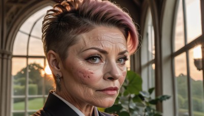 1girl,solo,looking at viewer,short hair,brown hair,brown eyes,jewelry,closed mouth,earrings,indoors,blurry,lips,window,blurry background,scar,plant,portrait,freckles,realistic,nose,old woman,1boy,male focus,leaf,backlighting