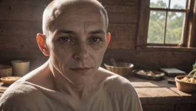 solo,looking at viewer,short hair,1boy,brown eyes,closed mouth,upper body,white hair,male focus,food,day,indoors,blurry,lips,window,blurry background,portrait,freckles,bowl,realistic,old,old man,wrinkled skin,collarbone,facial hair,sunlight,thick eyebrows,bald