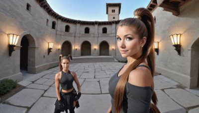 long hair,breasts,looking at viewer,smile,multiple girls,brown hair,gloves,navel,2girls,bare shoulders,brown eyes,jewelry,ponytail,outdoors,midriff,fingerless gloves,necklace,off shoulder,lips,tank top,high ponytail,building,realistic,nose,clothes around waist,medium breasts,weapon,pants,gun,sisters