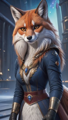 1girl,solo,long hair,breasts,looking at viewer,gloves,long sleeves,dress,animal ears,brown eyes,jewelry,standing,jacket,tail,cowboy shot,outdoors,black gloves,belt,artist name,signature,blurry,coat,orange eyes,fur trim,fox ears,night,blurry background,fox tail,animal,brooch,fox girl,gauntlets,gem,furry,furry female,body fur,white fur,blue coat,fox,snout,fluffy,orange fur,medium breasts,closed mouth,sky,blue jacket,star (sky),night sky,brown fur