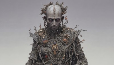 1girl,solo,looking at viewer,simple background,hair ornament,1boy,jewelry,closed mouth,upper body,white hair,grey hair,male focus,grey background,armor,gradient,gradient background,shoulder armor,pauldrons,skull,grey skin,straight-on,red eyes,closed eyes,facial hair,chain,cross,facing viewer,bald