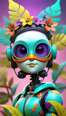 1girl,solo,looking at viewer,smile,hair ornament,purple eyes,upper body,flower,artist name,hair flower,blurry,lips,no humans,makeup,colored skin,headphones,leaf,pink background,robot,lipstick,goggles,portrait,mecha,android,cable,humanoid robot,blurry background,plant,facing viewer,headset,science fiction,tinted eyewear,mechanization