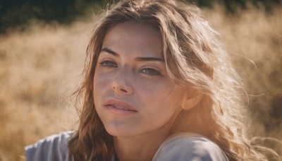 1girl,solo,long hair,looking at viewer,blue eyes,blonde hair,brown hair,shirt,white shirt,parted lips,teeth,blurry,lips,blurry background,wavy hair,messy hair,portrait,freckles,realistic,nose,brown eyes,eyelashes,close-up