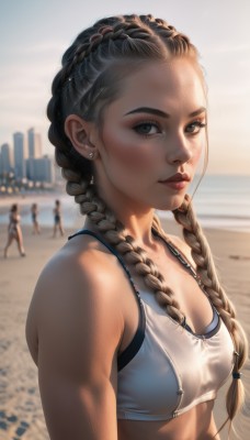 1girl,long hair,breasts,looking at viewer,smile,multiple girls,brown hair,black hair,cleavage,bare shoulders,brown eyes,jewelry,medium breasts,closed mouth,swimsuit,upper body,braid,bikini,earrings,small breasts,outdoors,solo focus,day,mole,blurry,twin braids,lips,depth of field,blurry background,ocean,beach,hair over shoulder,forehead,freckles,sports bra,realistic,nose,sand,stud earrings,solo,sky,artist name,3girls,piercing,sunlight,thick eyebrows,ear piercing,backlighting,white sports bra