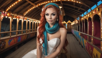 1girl,solo,long hair,breasts,looking at viewer,smile,blue eyes,brown hair,dress,cleavage,bare shoulders,jewelry,medium breasts,sitting,red hair,hairband,earrings,indoors,scarf,white dress,orange hair,lips,strapless,makeup,strapless dress,eyeshadow,freckles,wooden floor,realistic,nose,blue scarf,hair ornament,brown eyes,upper body,curly hair,v arms,stairs