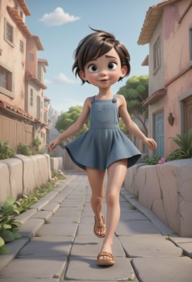 1girl,solo,looking at viewer,smile,short hair,open mouth,blue eyes,brown hair,dress,bare shoulders,standing,full body,outdoors,sky,teeth,sleeveless,day,cloud,black eyes,flat chest,tree,blue sky,bare arms,toes,sleeveless dress,blue dress,sandals,standing on one leg,building,child,walking,running,female child,road,overalls,house,blush,feet,legs