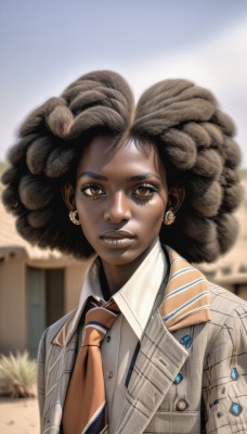 1girl,solo,looking at viewer,brown hair,shirt,black hair,brown eyes,jewelry,jacket,upper body,earrings,outdoors,necktie,teeth,day,collared shirt,dark skin,blurry,dark-skinned female,lips,eyelashes,blurry background,formal,suit,curly hair,realistic,grey jacket,nose,very dark skin,dreadlocks,afro,bangs,white shirt,parted lips,open clothes,striped,artist name,open jacket,portrait,brown jacket,facepaint,striped necktie,brown necktie