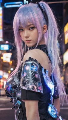 1girl,solo,long hair,breasts,looking at viewer,smile,bangs,blue eyes,dress,bare shoulders,twintails,jewelry,medium breasts,upper body,pink hair,purple hair,short sleeves,multicolored hair,earrings,blurry,from side,lips,grey eyes,blurry background,realistic,cyberpunk,blue hair,outdoors,parted lips,looking back,artist name,two side up,piercing,science fiction,nose,android,cyborg,neon lights