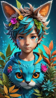 solo,looking at viewer,short hair,bangs,blue eyes,brown hair,hair ornament,1boy,animal ears,closed mouth,blue hair,upper body,flower,male focus,multicolored hair,artist name,hair flower,hood,two-tone hair,lips,animal ear fluff,gradient,fox ears,hoodie,animal,leaf,watermark,blue background,facial mark,cat,hood down,plant,androgynous,freckles,creature,whiskers,1girl,smile,sky,messy hair,star (sky),night sky,web address,extra ears,starry sky,nose,facepaint,leaf hair ornament,blue hoodie