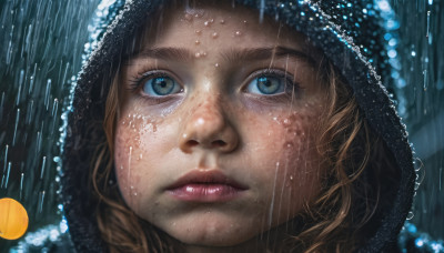 1girl, solo, blue eyes, blonde hair, brown hair, parted lips, hood, lips, wet, eyelashes, portrait, close-up, rain, realistic, nose