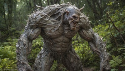 solo,open mouth,1boy,standing,male focus,outdoors,horns,teeth,armor,tree,no humans,muscular,fangs,abs,plant,sharp teeth,muscular male,nature,spikes,forest,veins,monster,realistic,tusks,weapon,nude,day,pointy ears,blood,colored skin,shoulder armor,fantasy,orc,moss