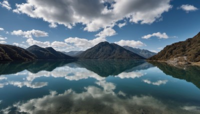 outdoors,sky,day,cloud,water,blue sky,no humans,cloudy sky,nature,scenery,reflection,mountain,horizon,landscape,above clouds,ocean,lake,reflective water,island