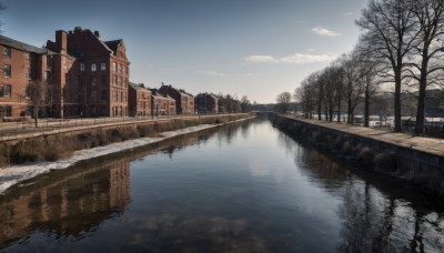 outdoors,sky,day,cloud,water,tree,blue sky,no humans,window,building,scenery,reflection,house,bridge,bare tree,river,reflective water,signature,sunset,fence,road