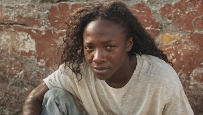 solo,long hair,looking at viewer,smile,brown hair,shirt,black hair,1boy,brown eyes,sitting,white shirt,short sleeves,male focus,outdoors,parted lips,pants,dark skin,blurry,black eyes,dark-skinned female,lips,torn clothes,blurry background,dark-skinned male,denim,t-shirt,messy hair,freckles,knee up,curly hair,jeans,realistic,dirty,torn pants,photo background,torn jeans,teeth,facial hair,squatting,stubble,dirty clothes