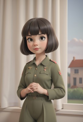 1girl,solo,breasts,looking at viewer,smile,short hair,bangs,brown hair,long sleeves,brown eyes,closed mouth,standing,cowboy shot,outdoors,sky,day,belt,pants,indoors,blunt bangs,blurry,uniform,lips,military,window,military uniform,buttons,blurry background,bob cut,own hands together,curtains,building,freckles,pocket,green pants,blush,black hair,jacket,eyelashes,thick eyebrows,nose,military jacket