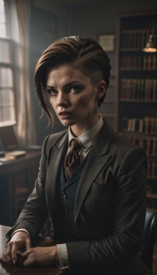 1girl,solo,looking at viewer,short hair,brown hair,shirt,black hair,long sleeves,jewelry,sitting,jacket,white shirt,upper body,earrings,parted lips,open clothes,necktie,collared shirt,indoors,dark skin,nail polish,blurry,vest,dark-skinned female,lips,black jacket,book,window,depth of field,blurry background,scar,chair,formal,ring,suit,black nails,freckles,pocket,realistic,nose,bookshelf,stud earrings,brown necktie,very short hair,dirty,burn scar