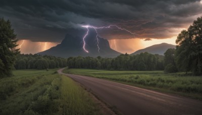 outdoors,sky,cloud,tree,no humans,cloudy sky,grass,nature,scenery,forest,sunset,mountain,electricity,road,lightning,landscape,mountainous horizon,path,hill,field