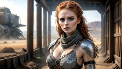 HQ,1girl,solo,long hair,breasts,looking at viewer,blue eyes,brown hair,cleavage,jewelry,medium breasts,upper body,outdoors,parted lips,teeth,day,necklace,scarf,armor,blurry,lips,shoulder armor,freckles,pauldrons,realistic,aircraft,bikini armor,desert,red hair,sky,orange hair,chain,science fiction,dirty,pillar,chainmail