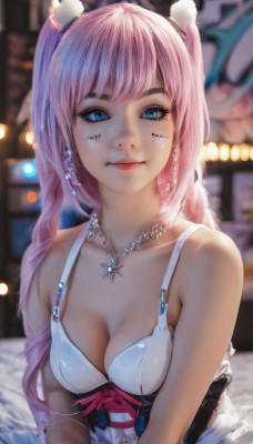 1girl,solo,long hair,breasts,looking at viewer,smile,bangs,blue eyes,hair ornament,dress,cleavage,bare shoulders,twintails,jewelry,medium breasts,closed mouth,collarbone,upper body,pink hair,braid,earrings,sleeveless,necklace,white dress,blurry,twin braids,lips,eyelashes,tattoo,makeup,depth of field,blurry background,facial mark,lipstick,eyeshadow,realistic,nose,mascara,ribbon,underwear,artist name,bra,sleeveless dress,cross,corset,white bra,v arms,cross necklace,bokeh