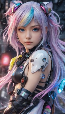 1girl,solo,long hair,breasts,looking at viewer,bangs,blue eyes,hair ornament,gloves,animal ears,twintails,jewelry,medium breasts,closed mouth,blue hair,upper body,pink hair,purple hair,multicolored hair,earrings,small breasts,elbow gloves,blurry,two-tone hair,two side up,lips,streaked hair,bodysuit,blurry background,realistic,nose,detached sleeves,bra,armor,from side,eyelashes,makeup,depth of field,headgear,black bra,shoulder armor,science fiction,bokeh,cyberpunk