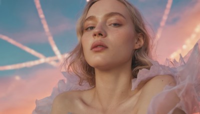 1girl,solo,looking at viewer,short hair,blue eyes,blonde hair,brown hair,bare shoulders,collarbone,upper body,outdoors,parted lips,sky,teeth,cloud,medium hair,mole,blurry,lips,portrait,freckles,realistic,nose,mole on neck,long hair,blue sky,blurry background