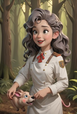 1girl,solo,long hair,blush,smile,open mouth,blue eyes,skirt,brown hair,long sleeves,ribbon,brown eyes,tail,grey hair,outdoors,teeth,day,uniform,red ribbon,tree,military,military uniform,buttons,animal,wavy hair,nature,forest,freckles,epaulettes,red lips,badge,buck teeth,apron,lips,makeup,blush stickers,deer