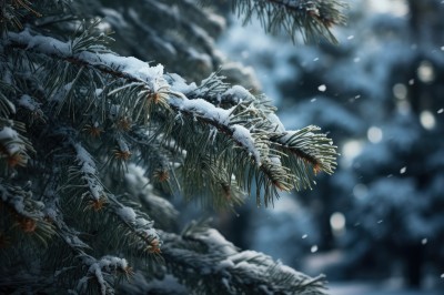 outdoors,blurry,tree,no humans,depth of field,blurry background,leaf,plant,nature,scenery,snow,forest,snowing,winter,pine tree,sky,signature,night