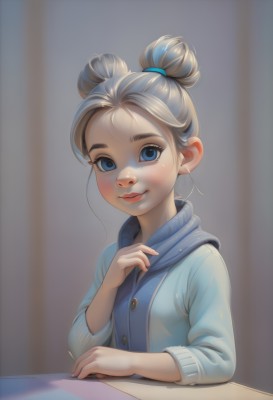 1girl,solo,looking at viewer,blush,smile,short hair,blue eyes,blonde hair,long sleeves,closed mouth,jacket,upper body,grey hair,hood,hair bun,blurry,lips,hoodie,blurry background,table,single hair bun,hood down,aged down,child,freckles,hair tie,pencil,sitting,artist name,eyelashes,double bun,buttons,thick eyebrows,realistic,nose