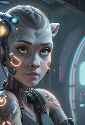 1girl,solo,breasts,looking at viewer,smile,short hair,animal ears,bare shoulders,green eyes,upper body,parted lips,teeth,lips,eyelashes,tattoo,makeup,headset,freckles,science fiction,nose,overalls,cable,arm tattoo,very short hair,shoulder tattoo,cyborg,cyberpunk,yellow eyes,artist name,glowing,watermark,lipstick,portrait,web address,close-up,eyeshadow,backlighting,realistic,eyeliner,facepaint,mascara,earpiece