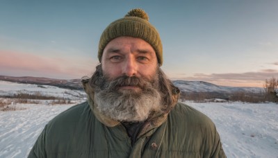 solo,looking at viewer,1boy,hat,closed mouth,jacket,upper body,male focus,outdoors,sky,day,tree,coat,facial hair,portrait,beard,snow,green jacket,mountain,realistic,mustache,beanie,winter clothes,manly,old,old man,wrinkled skin,water,blue sky,grey eyes,ocean,scenery,winter,bare tree