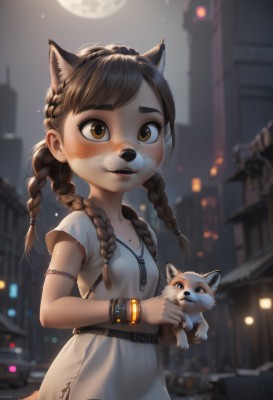 1girl,solo,long hair,blush,smile,open mouth,bangs,brown hair,dress,holding,animal ears,brown eyes,jewelry,tail,braid,short sleeves,outdoors,parted lips,sky,belt,artist name,necklace,white dress,mole,blurry,twin braids,bracelet,night,blurry background,animal,moon,cat,building,child,night sky,hair over shoulder,furry,full moon,freckles,city,furry female,female child,holding animal,fox,breasts,looking at viewer,twintails,collarbone,upper body,cat ears,signature,lips,depth of field,extra ears,whiskers