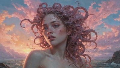 1girl,solo,long hair,open mouth,blue eyes,brown hair,bare shoulders,collarbone,upper body,nude,outdoors,parted lips,sky,teeth,cloud,water,mole,lips,dutch angle,floating hair,bird,ocean,looking away,sunlight,cloudy sky,looking up,wind,messy hair,portrait,scenery,freckles,curly hair,sunset,realistic,nose,looking afar,waves,seagull