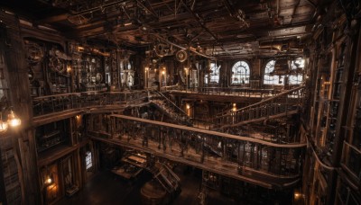 indoors,book,no humans,window,sunlight,scenery,lantern,stairs,door,railing,clock,bookshelf,lamp,candle,architecture,bridge,shelf,gears,library,ceiling,ladder,arch,chandelier,steampunk,wooden floor,fantasy,ceiling light,industrial pipe,wooden wall