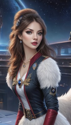 1girl,solo,long hair,breasts,looking at viewer,brown hair,hair ornament,dress,cleavage,brown eyes,jewelry,medium breasts,jacket,upper body,earrings,parted lips,sky,belt,necklace,lips,fur trim,makeup,night,lipstick,gem,star (sky),night sky,pendant,starry sky,realistic,red lips,space,planet,shirt,wavy hair,nose