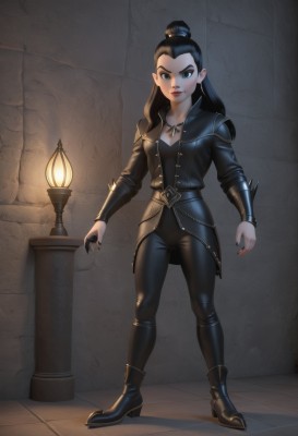 1girl,solo,long hair,breasts,looking at viewer,blue eyes,black hair,cleavage,jewelry,medium breasts,closed mouth,standing,jacket,full body,earrings,boots,pointy ears,belt,pants,artist name,necklace,hair bun,nail polish,black footwear,armor,high heels,lips,black jacket,fingernails,makeup,black pants,single hair bun,lipstick,black nails,high heel boots,hoop earrings,red lips,lamp,leather,brown hair,ponytail,small breasts