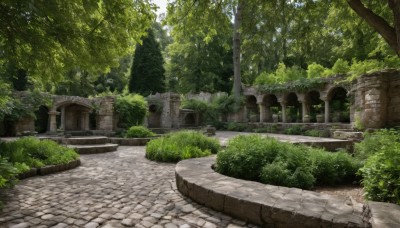 outdoors,day,tree,no humans,sunlight,grass,plant,building,nature,scenery,forest,road,bush,ruins,statue,path,pavement