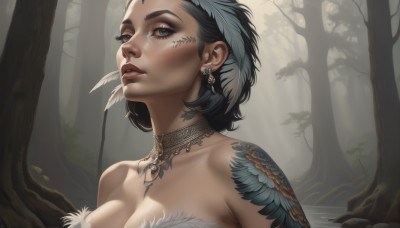 1girl,solo,breasts,looking at viewer,short hair,blue eyes,large breasts,black hair,hair ornament,cleavage,bare shoulders,jewelry,medium breasts,collarbone,upper body,earrings,outdoors,parted lips,choker,necklace,tree,lips,eyelashes,tattoo,facial mark,feathers,portrait,nature,forest,realistic,nose,feather hair ornament,facepaint,tribal,makeup,sunlight,scenery,eyeshadow