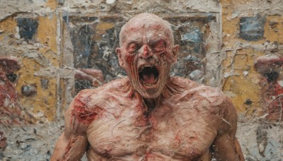 solo,open mouth,1boy,upper body,male focus,multiple boys,teeth,blood,muscular,traditional media,snow,veins,topless male,blood on face,realistic,painting (medium),bald,watercolor (medium),death,guro,screaming,corpse,scar,injury